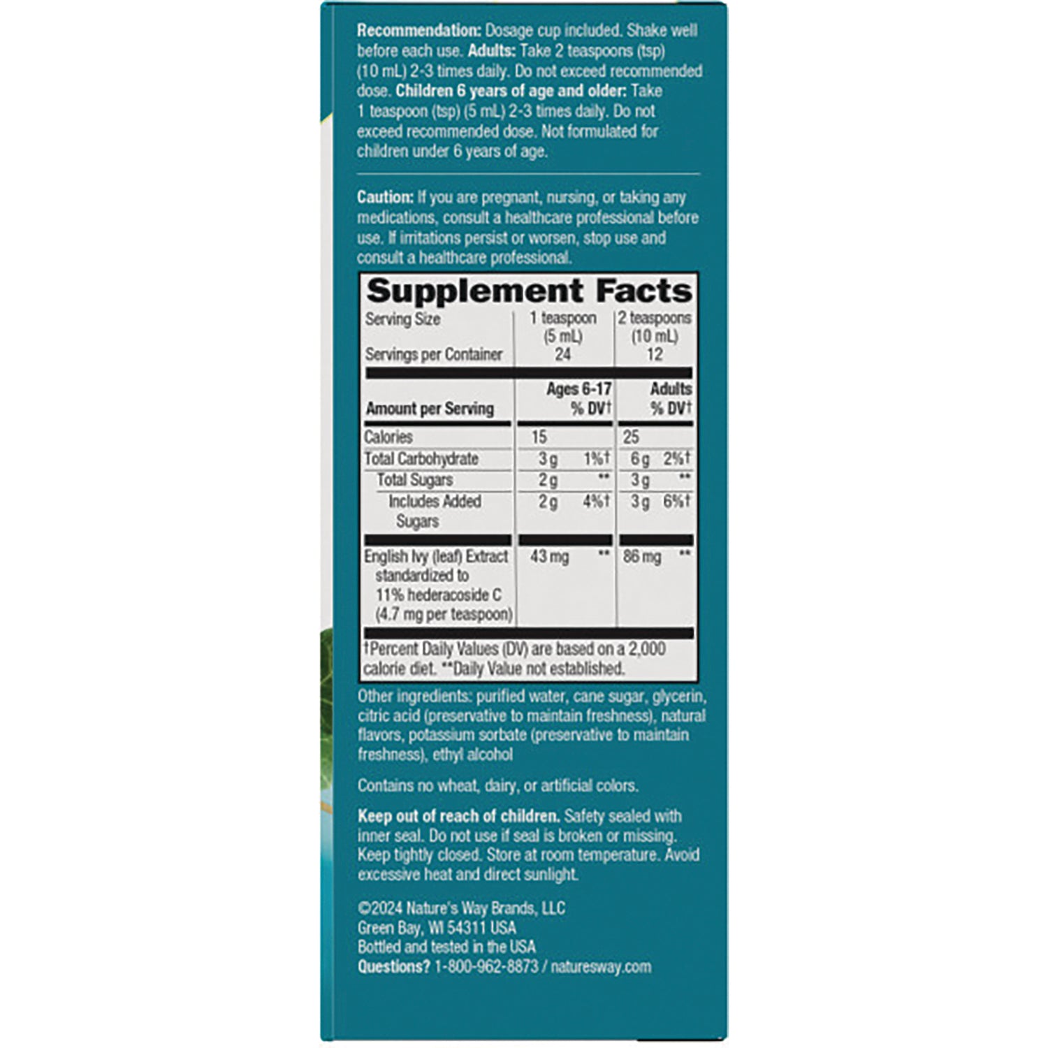 Supplement Facts panel with dosage, ingredients, cautions, and storage information on teal product back