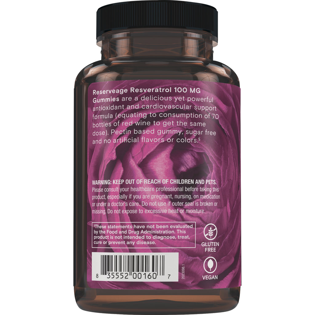 RSA046 | Back label showing Reserveage Resveratrol 100 MG text, warning and directions, barcode, gluten free and vegan icons - Thumbnail