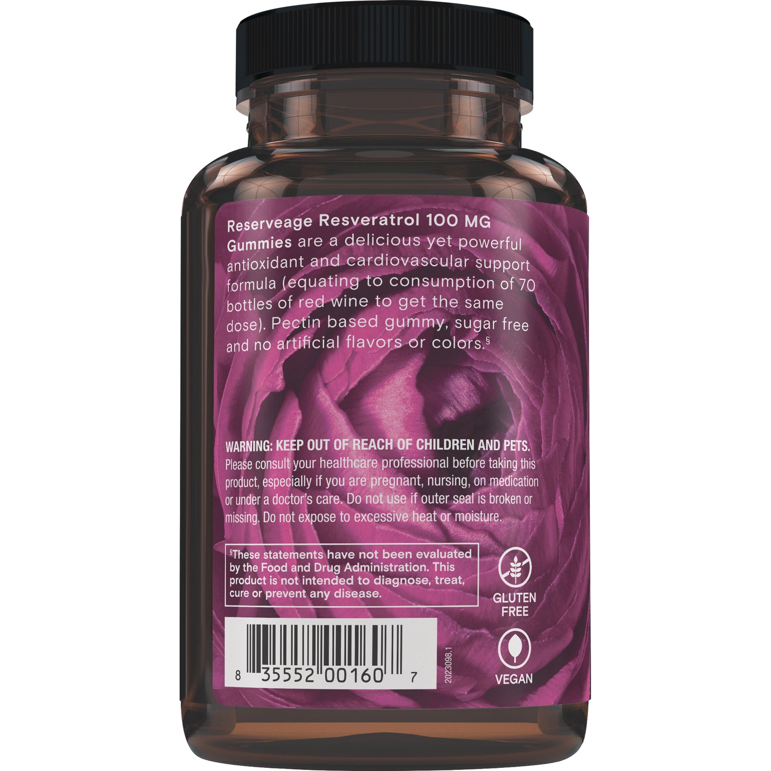 RSA046 | Back label showing Reserveage Resveratrol 100 MG text, warning and directions, barcode, gluten free and vegan icons