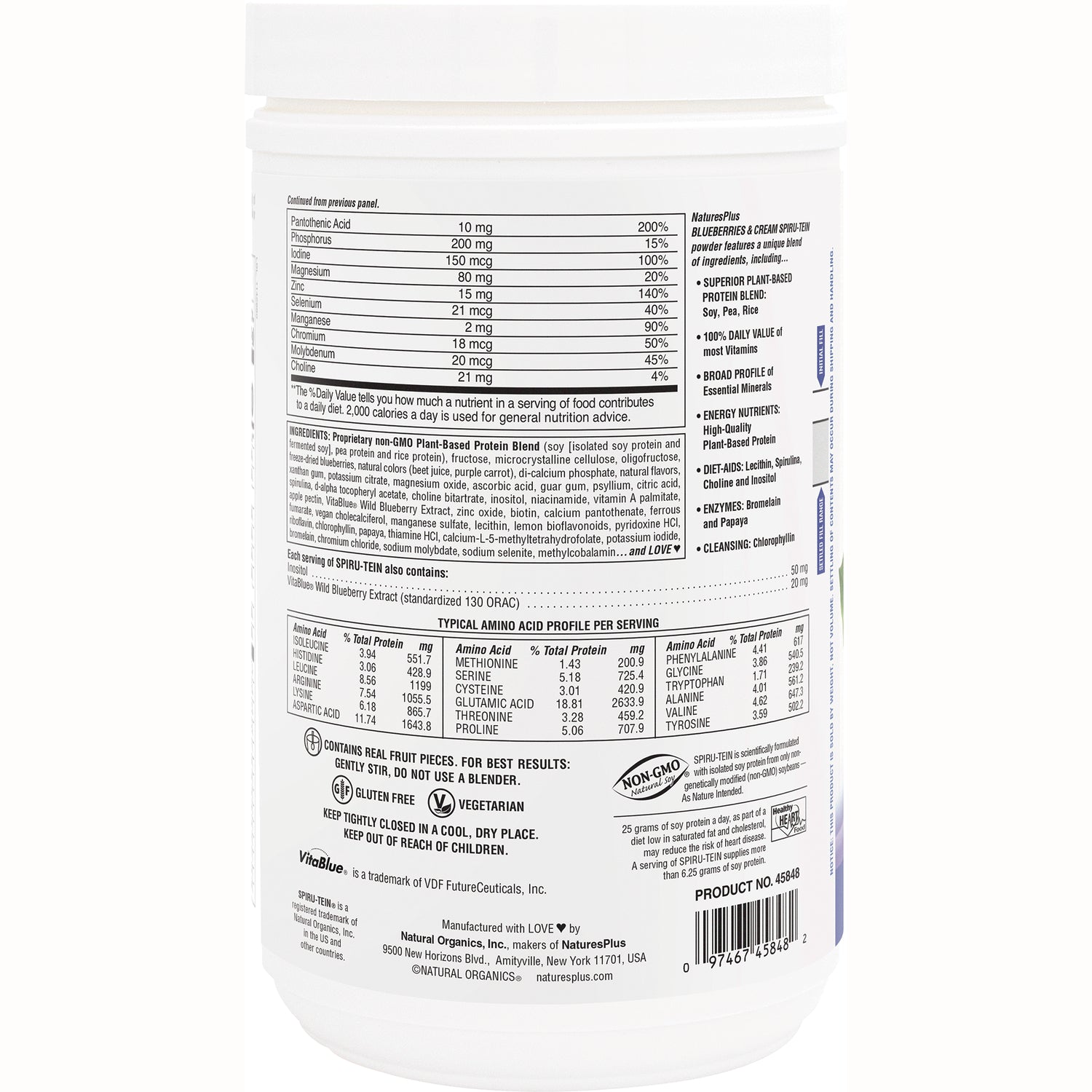 NTP082 | Back label of white supplement jar showing supplement facts, ingredient list, amino acid profile and barcode