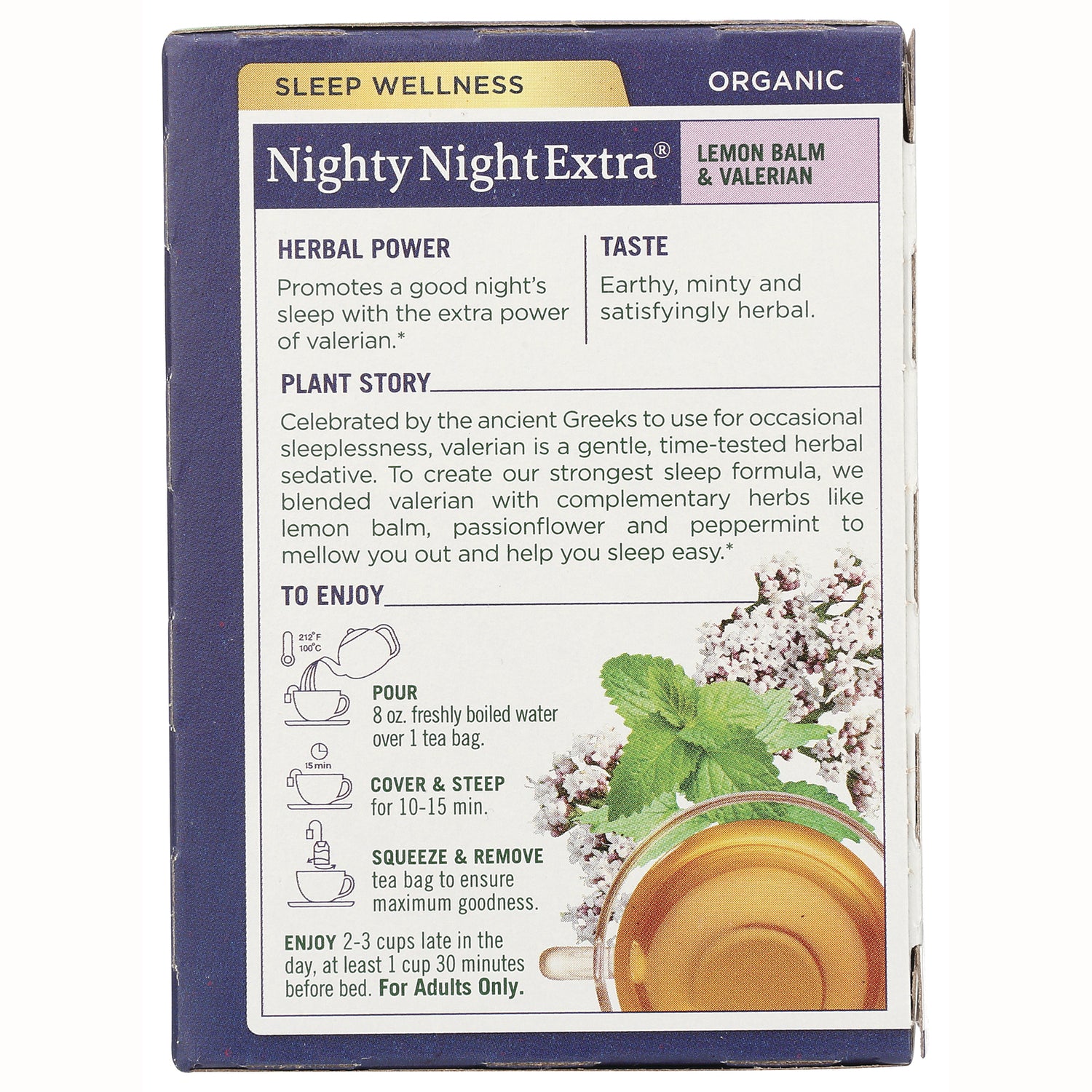 TMD048 | Back of Nighty Night Extra Lemon Balm & Valerian tea box with directions and Sleep Wellness Organic text