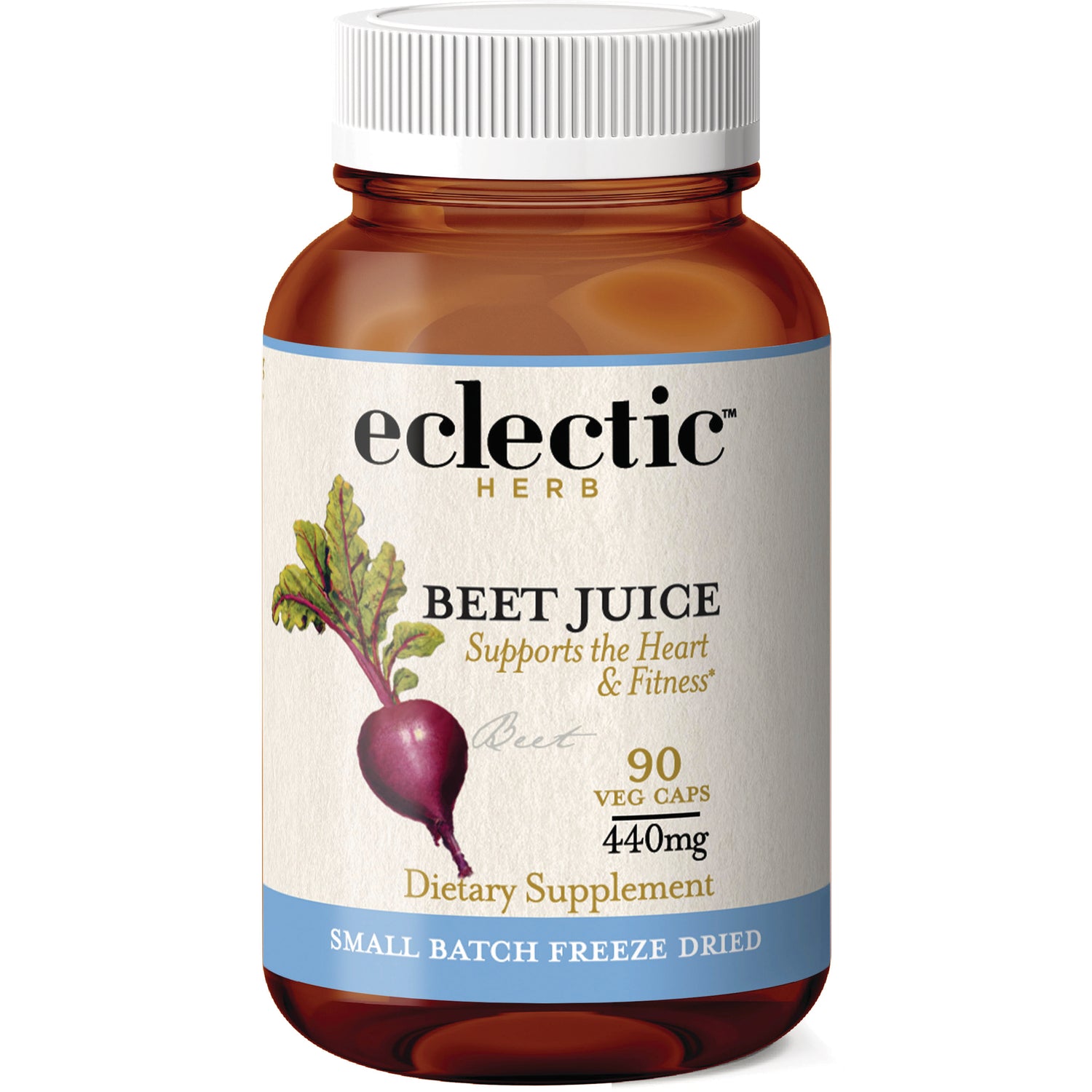 Eclectic Herb Beet Juice dietary supplement bottle label reading 90 veg caps 440mg small batch freeze dried