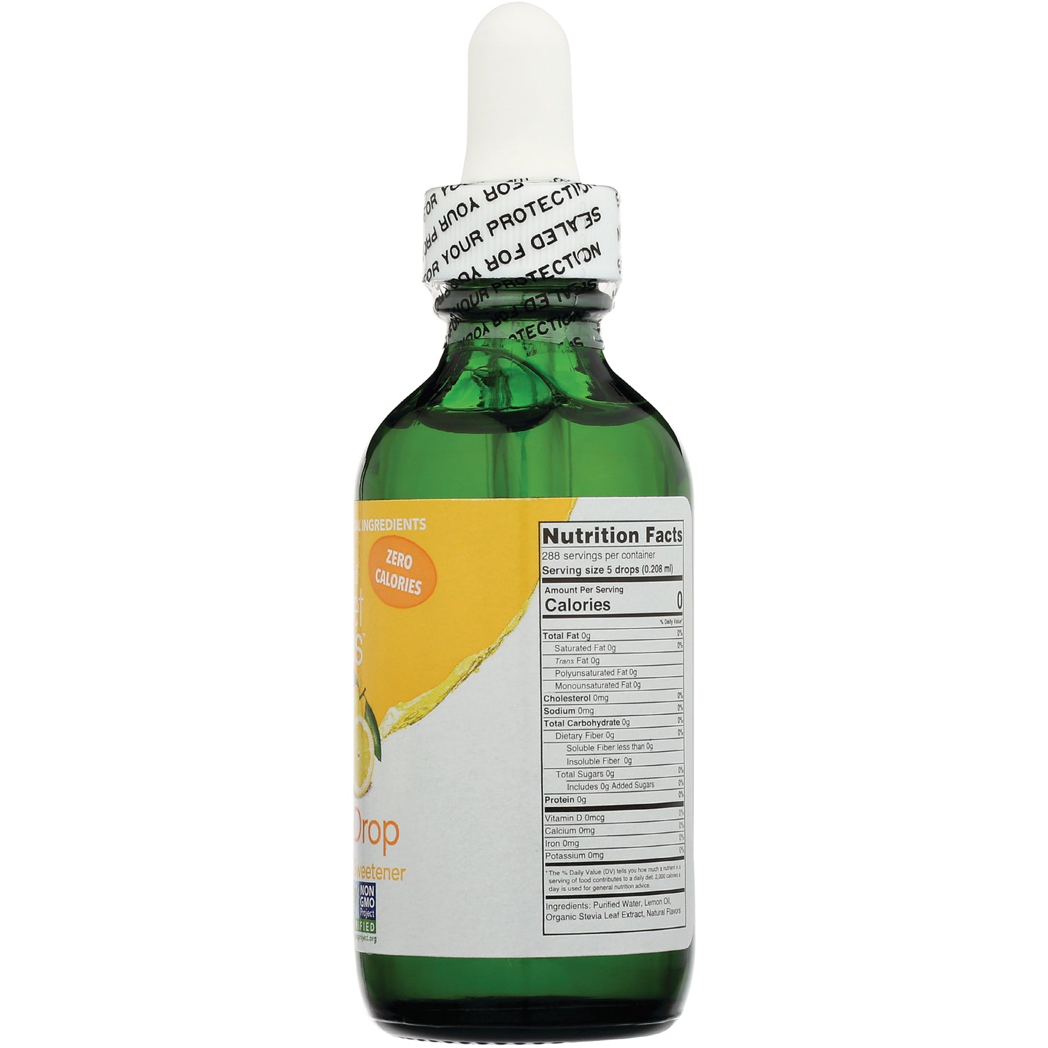WA036 | Back of green dropper bottle with Nutrition Facts panel and Zero Calories callout
