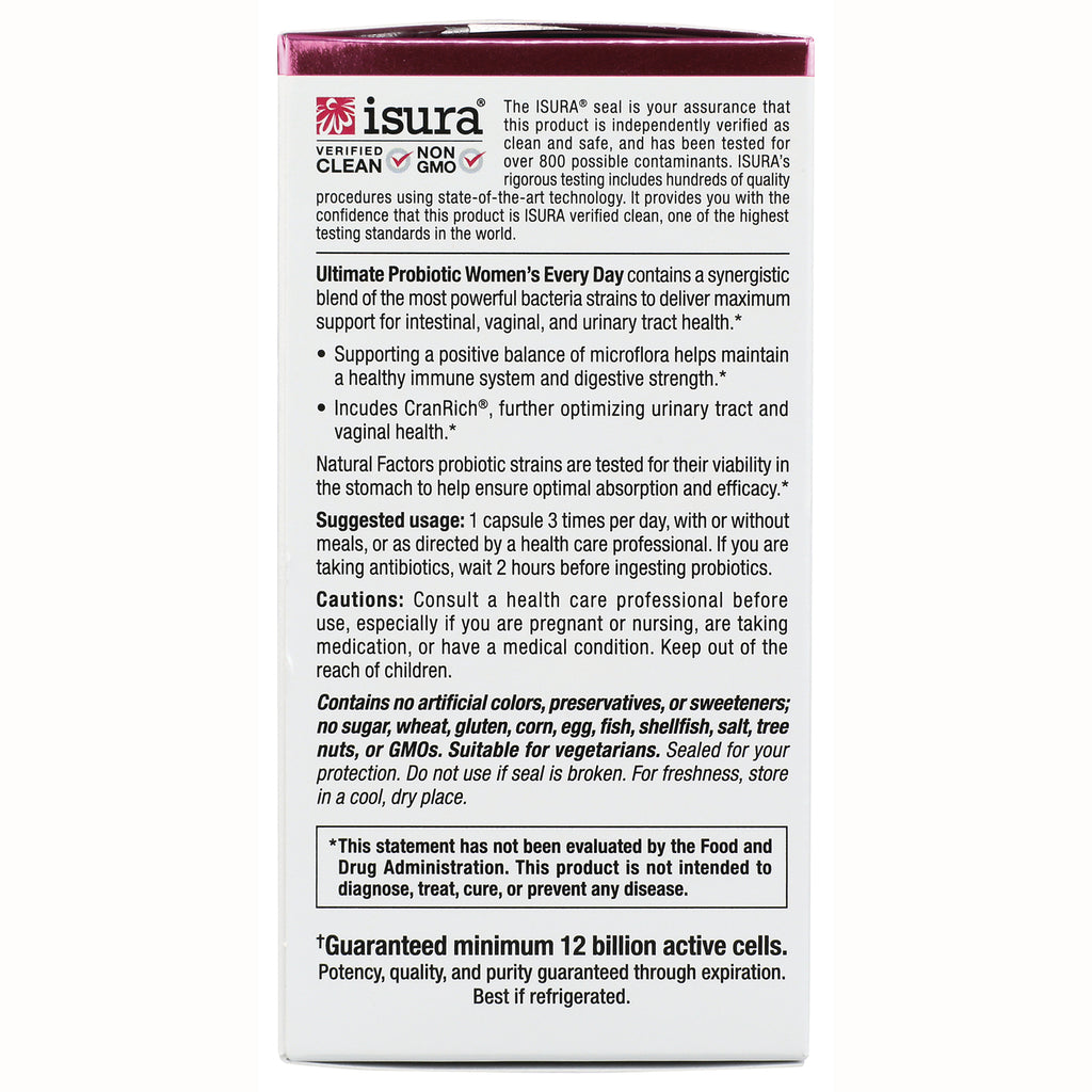 NFC088 | Back of probiotic supplement box showing ISURA logo, suggested usage, cautions, and guaranteed minimum 12 billion active cells - Thumbnail