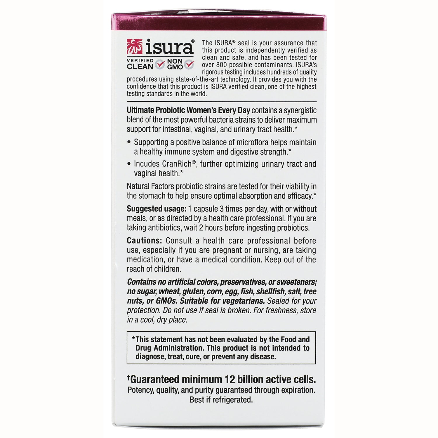 NFC088 | Back of probiotic supplement box showing ISURA logo, suggested usage, cautions, and guaranteed minimum 12 billion active cells