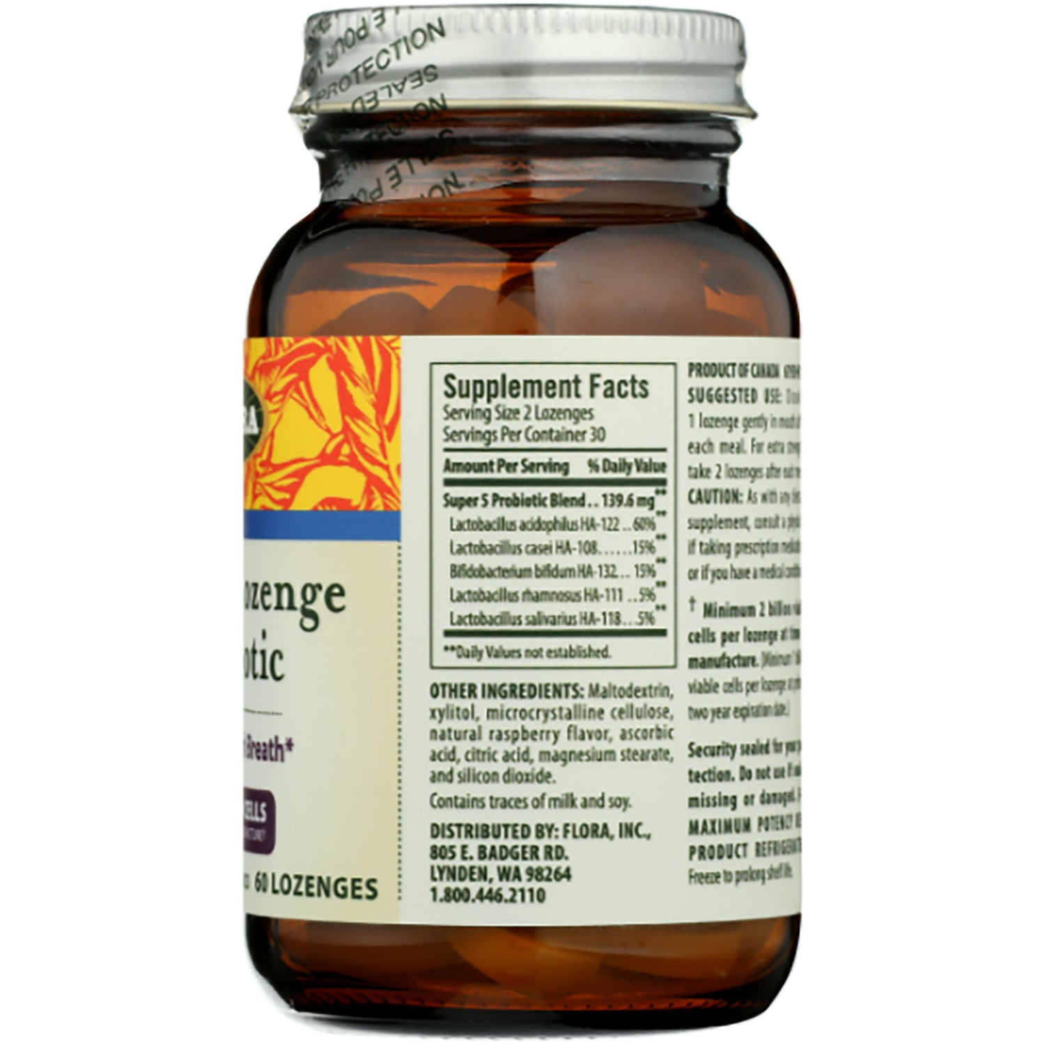 FL063 | supplement facts panel and ingredient list on back of amber lozenge bottle