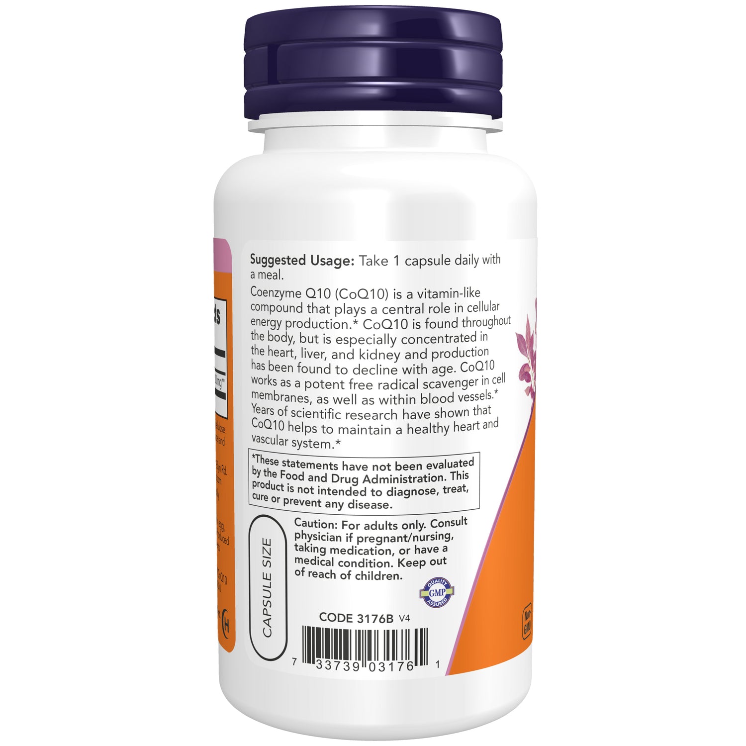 NWF120 | back label of white supplement bottle showing suggested usage, caution text, barcode and capsule size
