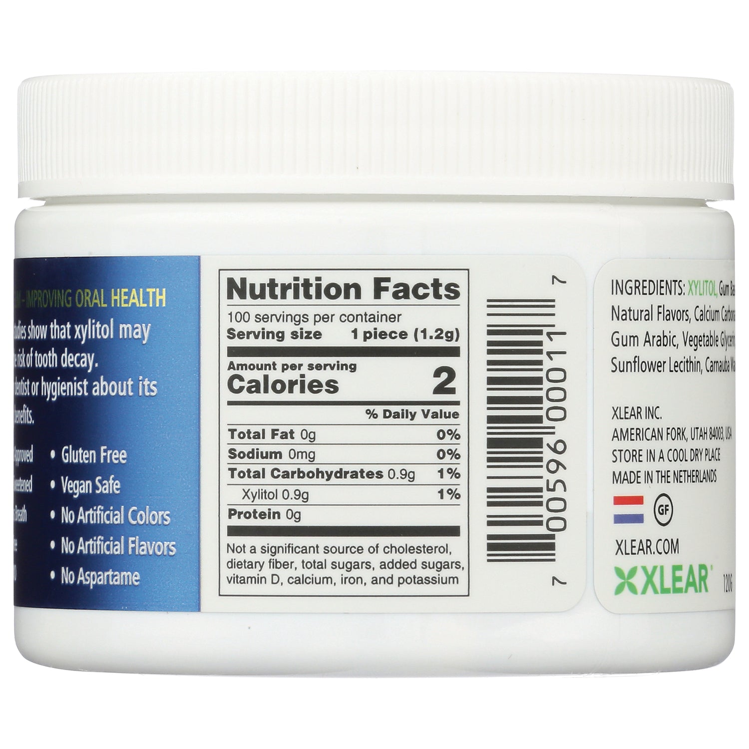 XL005 | Back label with Nutrition Facts and ingredients; serving 1 piece (1.2 g); calories 2