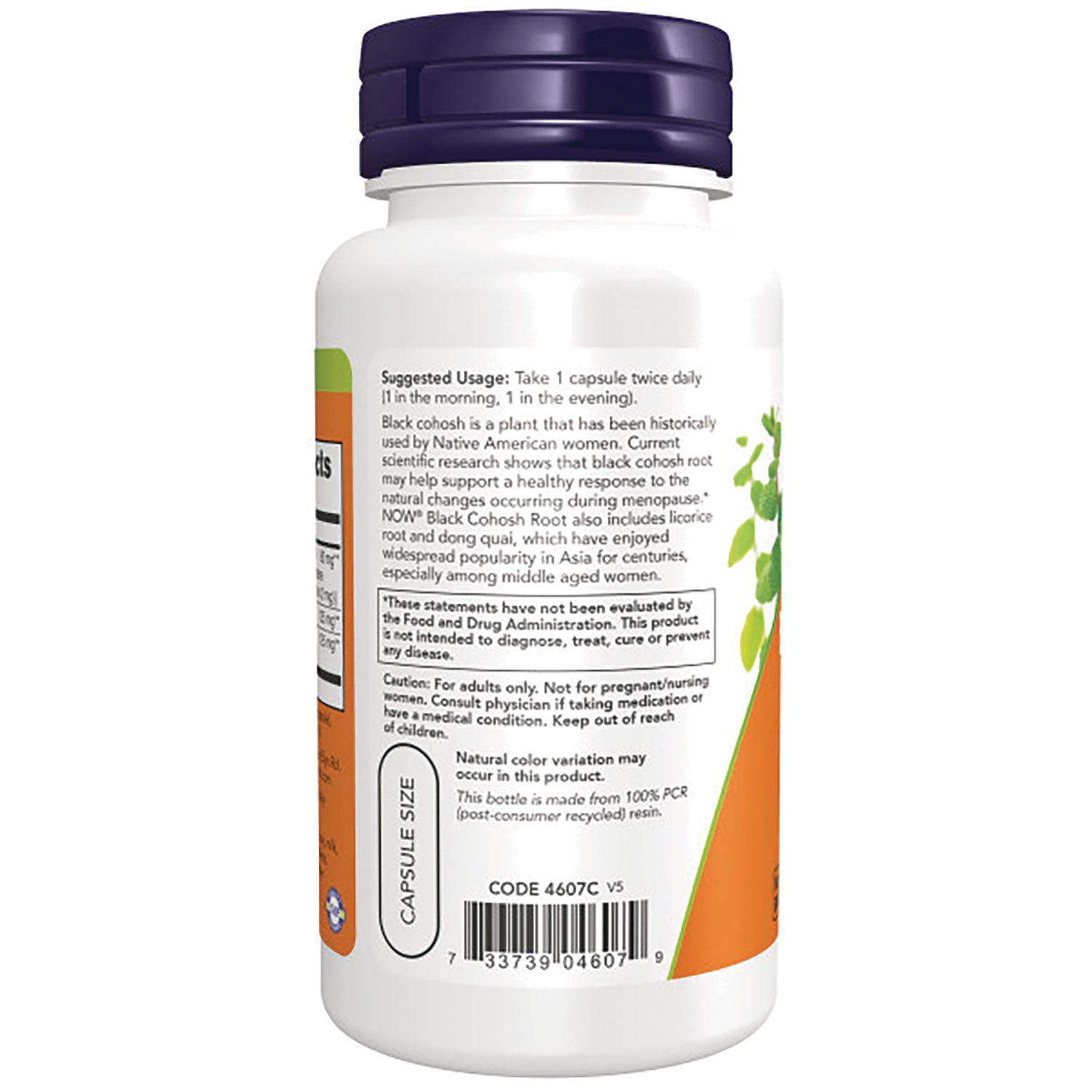 NWF408 | Back label of white supplement bottle showing suggested usage, warnings, and barcode