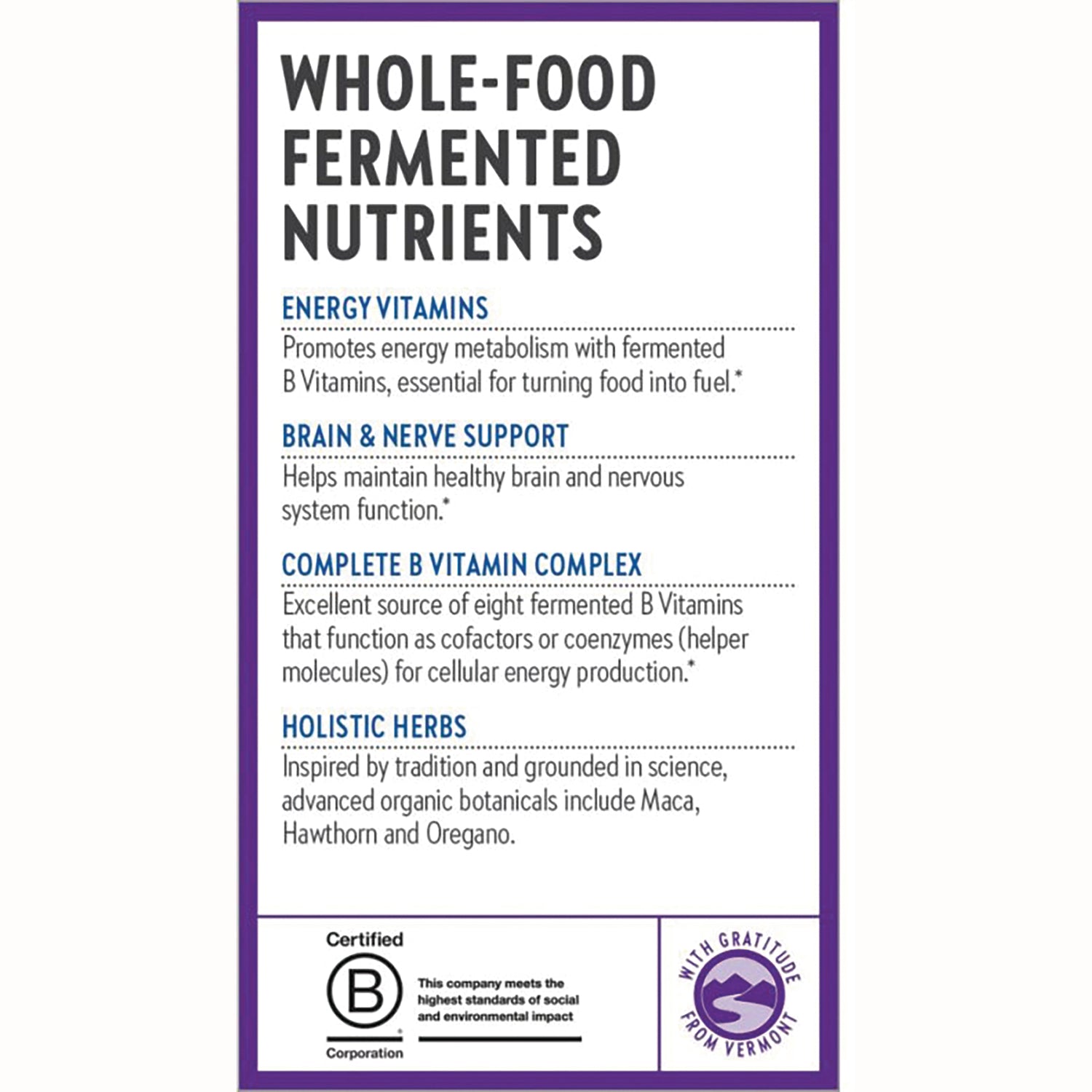 NWC301 | product infographic listing whole-food fermented nutrients, energy vitamins, B vitamin complex and holistic herbs