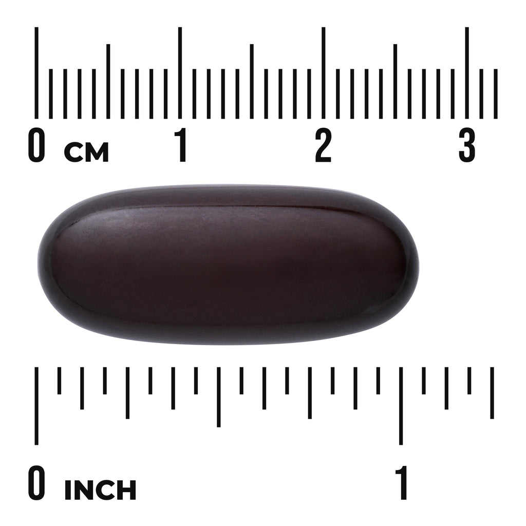 SWU1012 | Dark brown oval softgel capsule centered on ruler markings showing size in centimeters and inches - Thumbnail