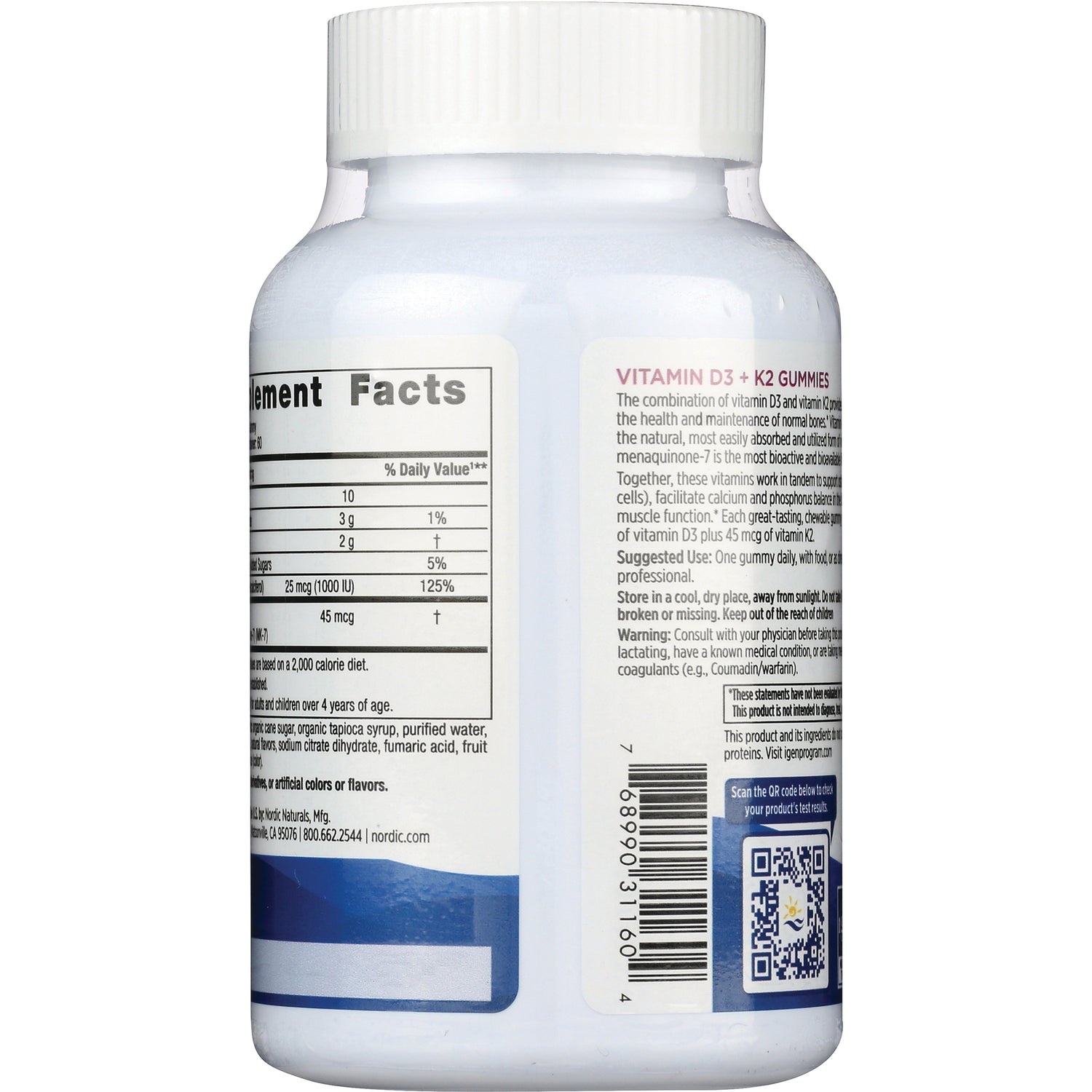 NRN087 | Back of white supplement bottle showing supplement facts panel, Vitamin D3 + K2 description, barcode and QR code