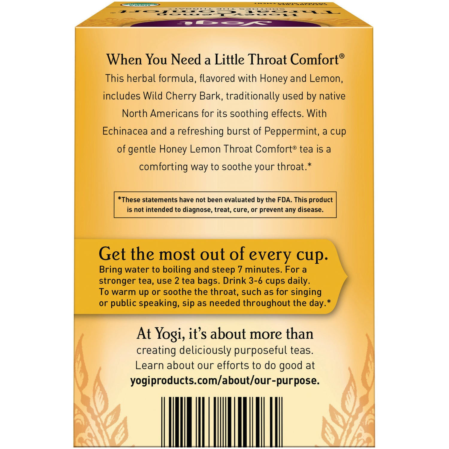 AHW041 | Back of Yogi Throat Comfort tea box with directions, Get the most out of every cup, and FDA disclaimer
