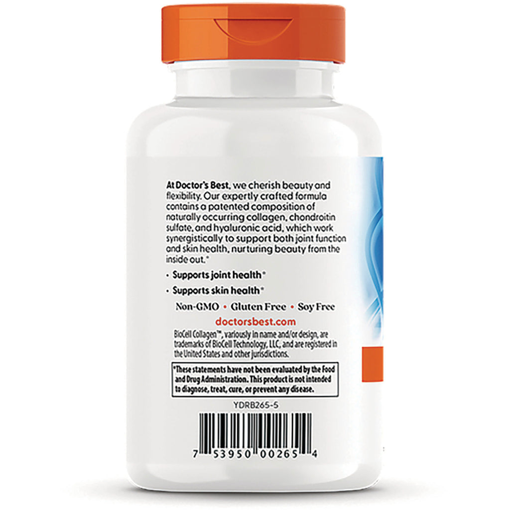 DB210 | Back label of white supplement bottle showing Doctor's Best Hyaluronic Acid + Chondroitin Sulfate text, usage info and barcode - Thumbnail