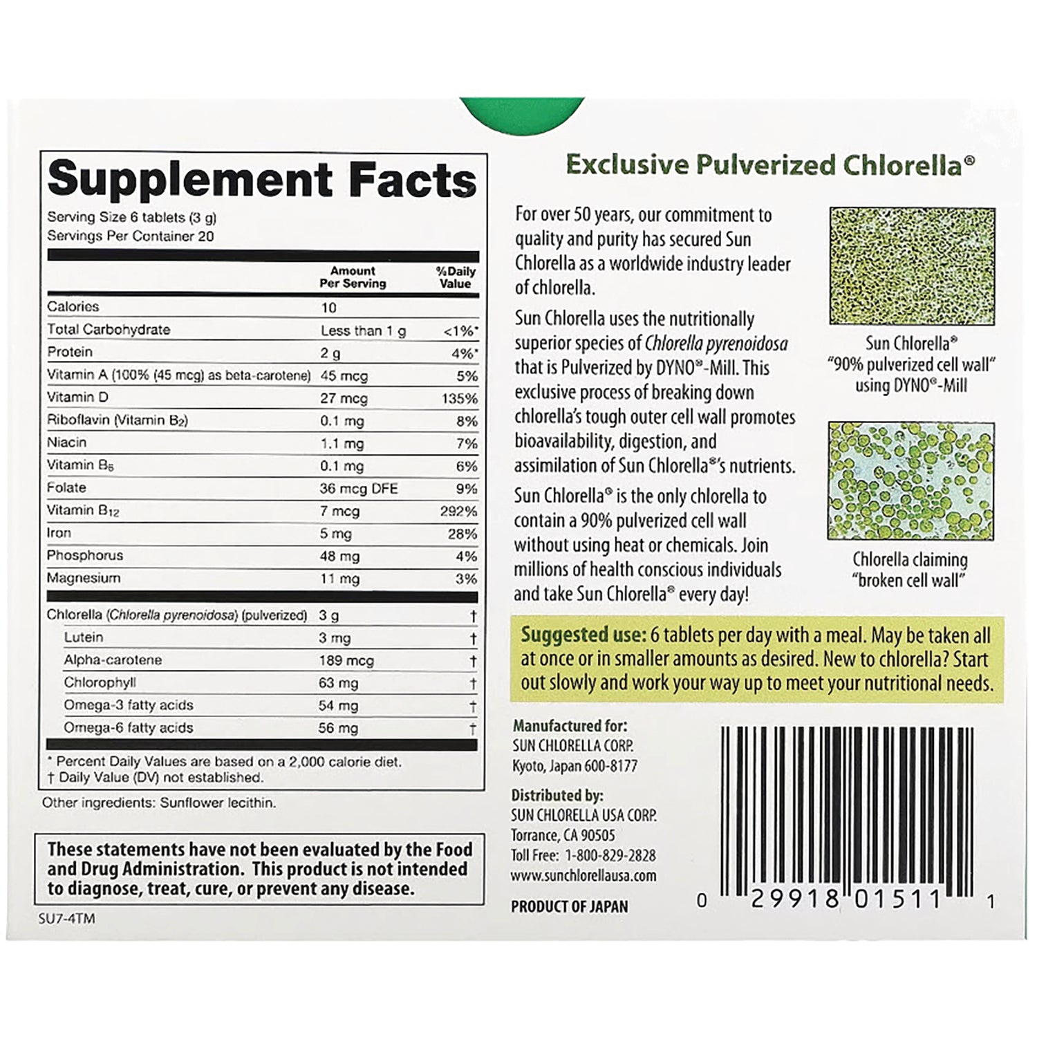SU009 | Back label with Supplement Facts, suggested use, and barcode