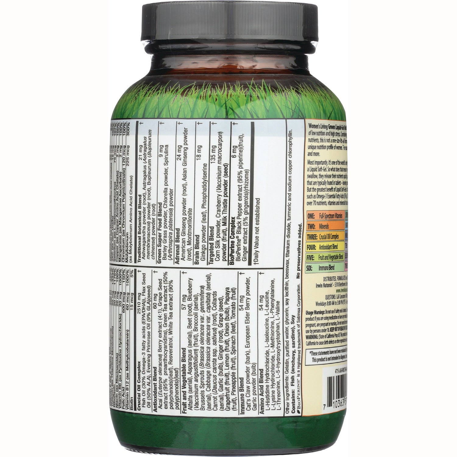 IR070 | back of supplement bottle showing supplement facts and ingredient panel with barcode and green grass label