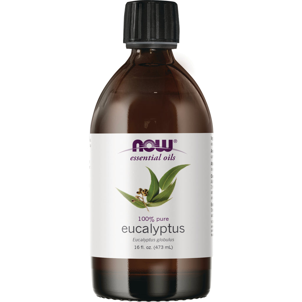 NWF1338 | Amber glass bottle of NOW essential oils labeled 100% pure eucalyptus, 16 fl oz - Thumbnail