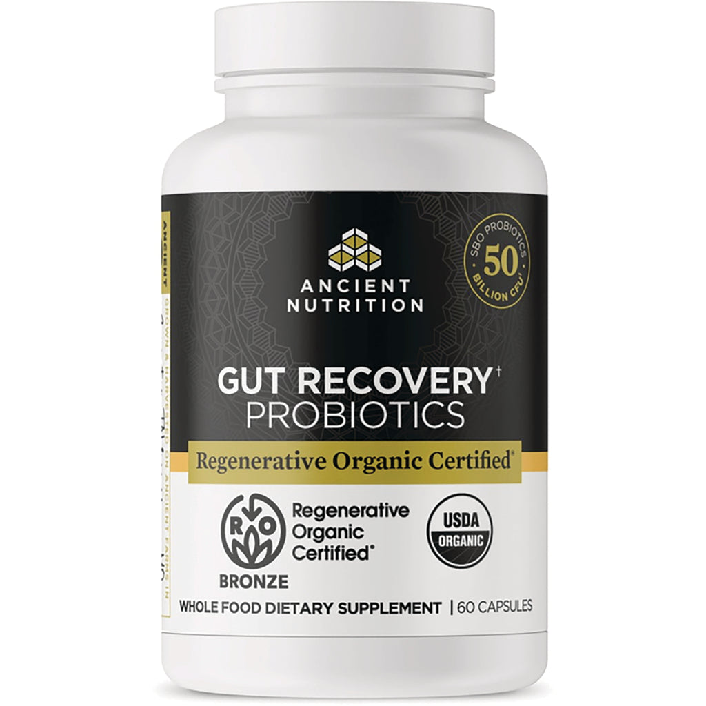 ATN119 | Ancient Nutrition Gut Recovery Probiotics bottle front label showing Regenerative Organic Certified and 60 capsules - Thumbnail