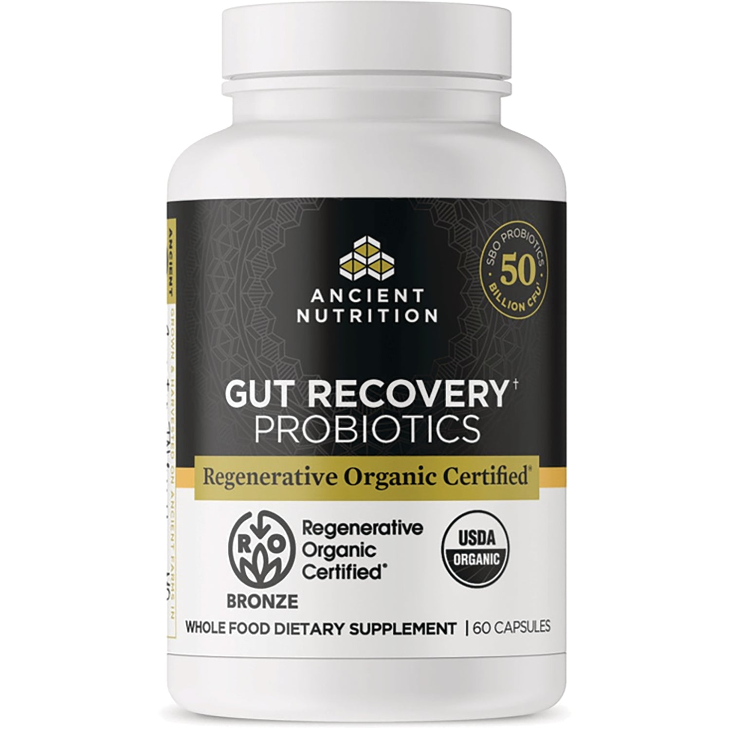 ATN119 | Ancient Nutrition Gut Recovery Probiotics bottle front label showing Regenerative Organic Certified and 60 capsules
