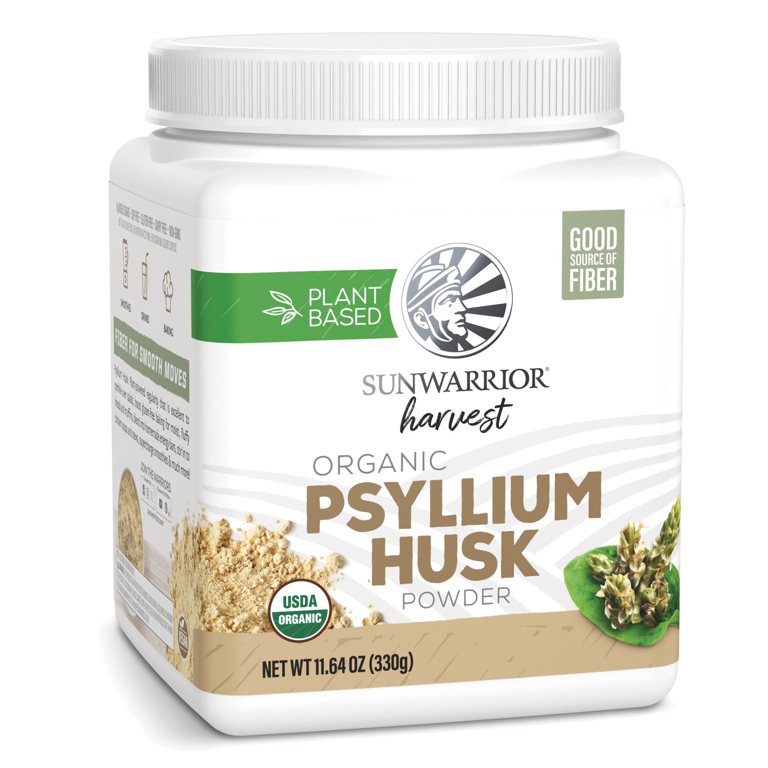 SNW068 | Sunwarrior Harvest Organic Psyllium Husk Powder front label, Plant Based, Good Source of Fiber, 11.64 oz