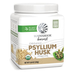SNW068 | Sunwarrior Harvest Organic Psyllium Husk Powder front label, Plant Based, Good Source of Fiber, 11.64 oz