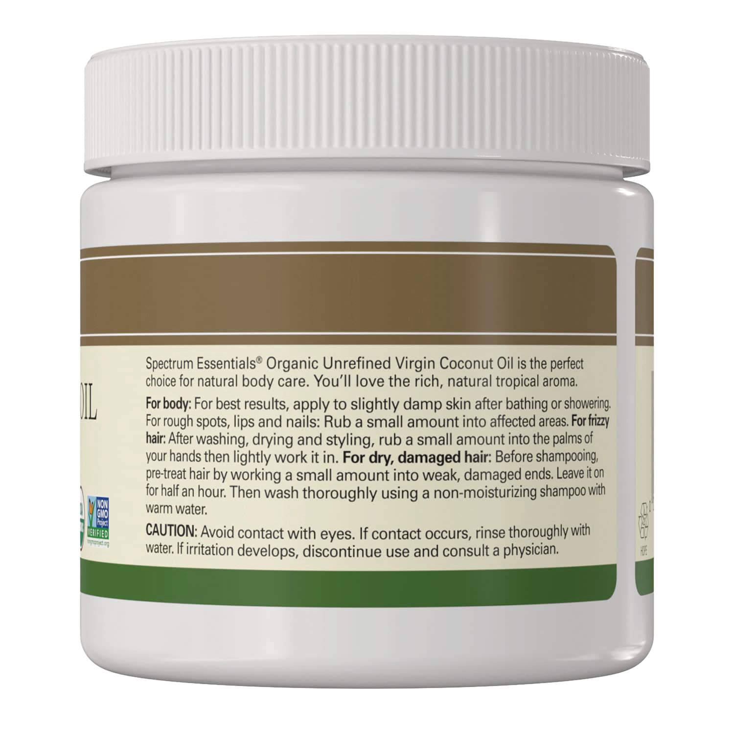 SP033 | Back label with usage directions and caution for Spectrum Essentials Organic Unrefined Virgin Coconut Oil