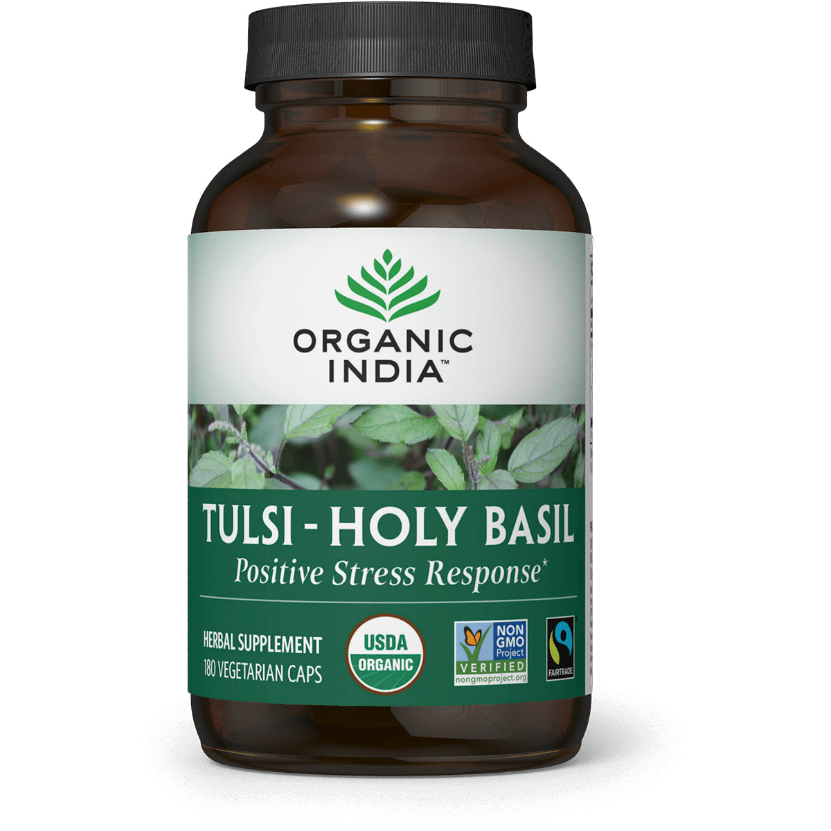 RGN080 | Organic India Tulsi - Holy Basil supplement bottle front, 180 vegetarian caps, USDA Organic label