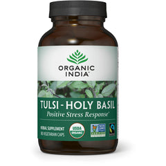 RGN080 | Organic India Tulsi - Holy Basil supplement bottle front, 180 vegetarian caps, USDA Organic label