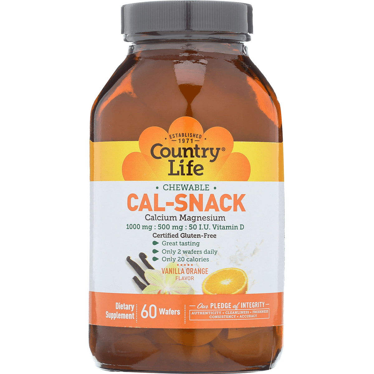 CRL505 | Amber bottle labeled Country Life CAL-SNACK chewable calcium magnesium, vanilla orange flavor, 60 wafers