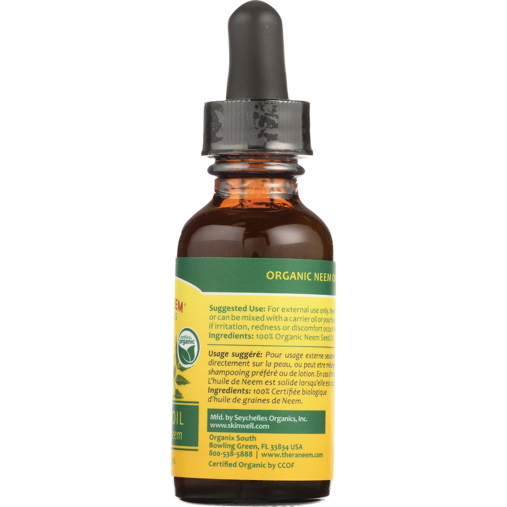OGX010 | Back label of organic neem oil dropper bottle showing ingredients and suggested use - Thumbnail