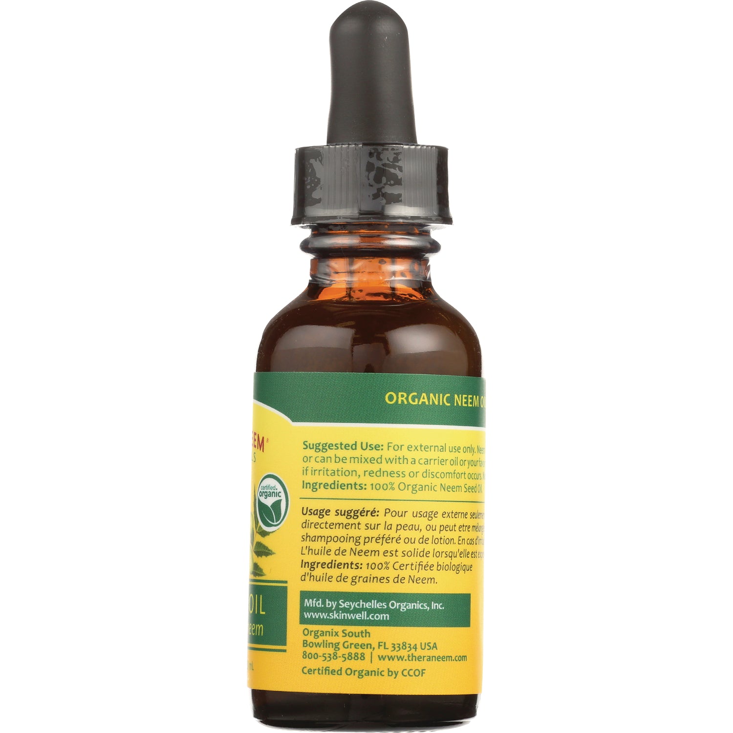 OGX010 | Back label of organic neem oil dropper bottle showing ingredients and suggested use