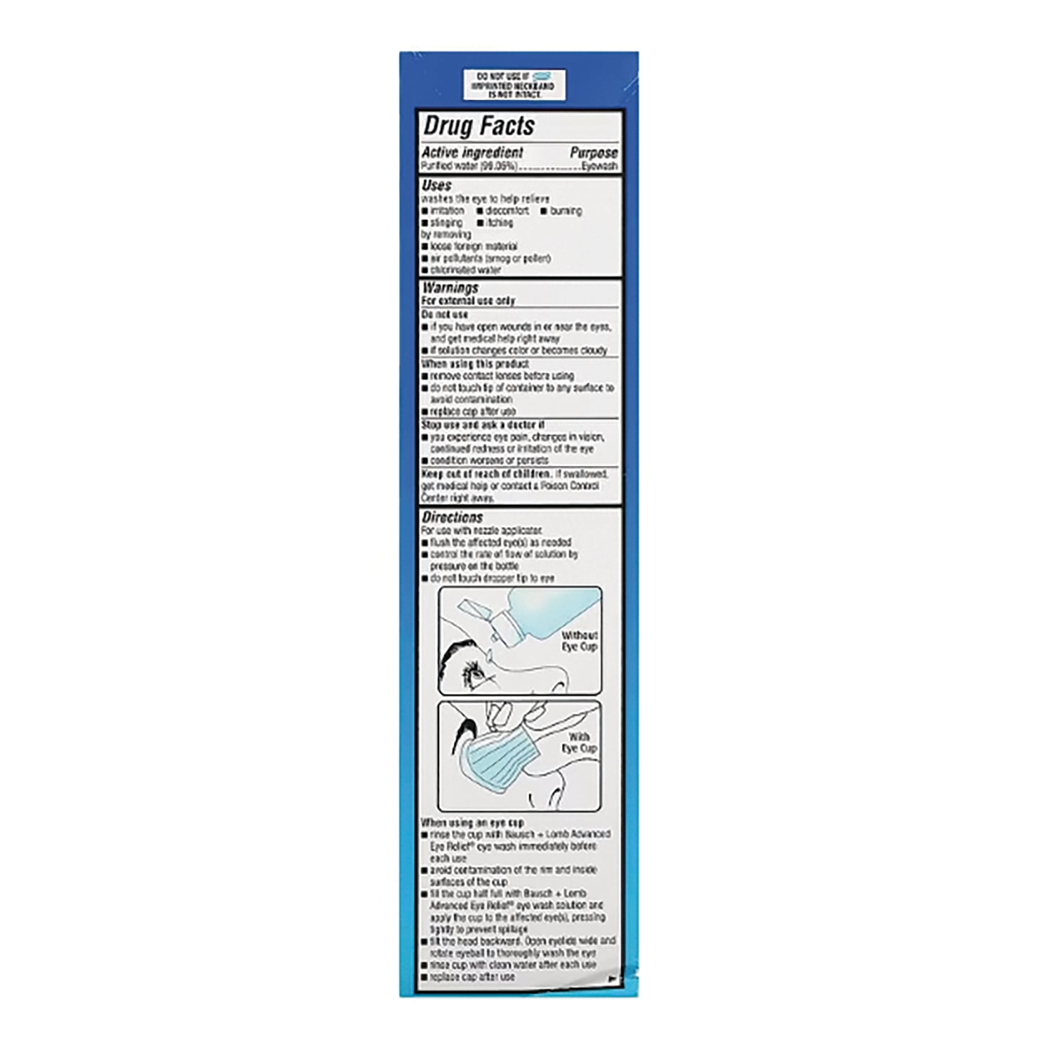 BNL004 | Back panel showing Drug Facts, warnings, directions and diagrams for an eye wash