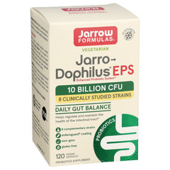 Jarrow Formulas Jarro-Dophilus EPS probiotic box front showing 10 billion CFU and 120 veggie capsules