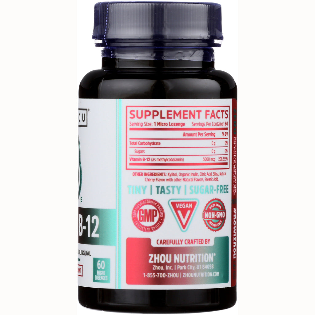 ZOU019 | Back label with Supplement Facts for Zhou Nutrition B-12 micro lozenges; Vegan, Non-GMO, Tiny Tasty Sugar-Free - Thumbnail