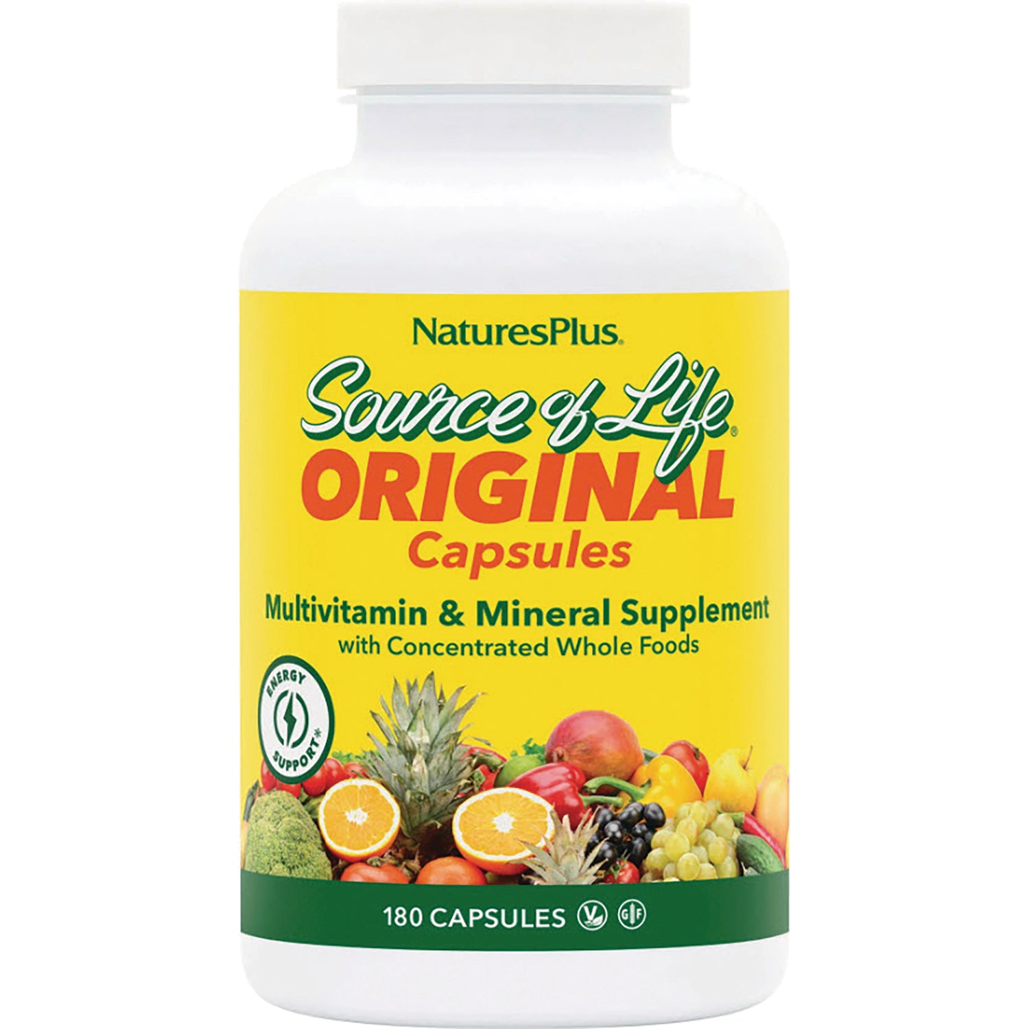 NTP033 | NaturesPlus Source of Life Original multivitamin capsules bottle with yellow label and fruit images, 180 capsules