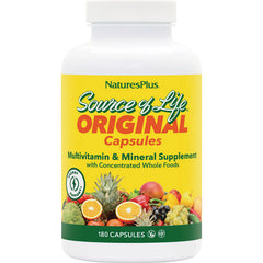 NTP033 | NaturesPlus Source of Life Original multivitamin capsules bottle with yellow label and fruit images, 180 capsules