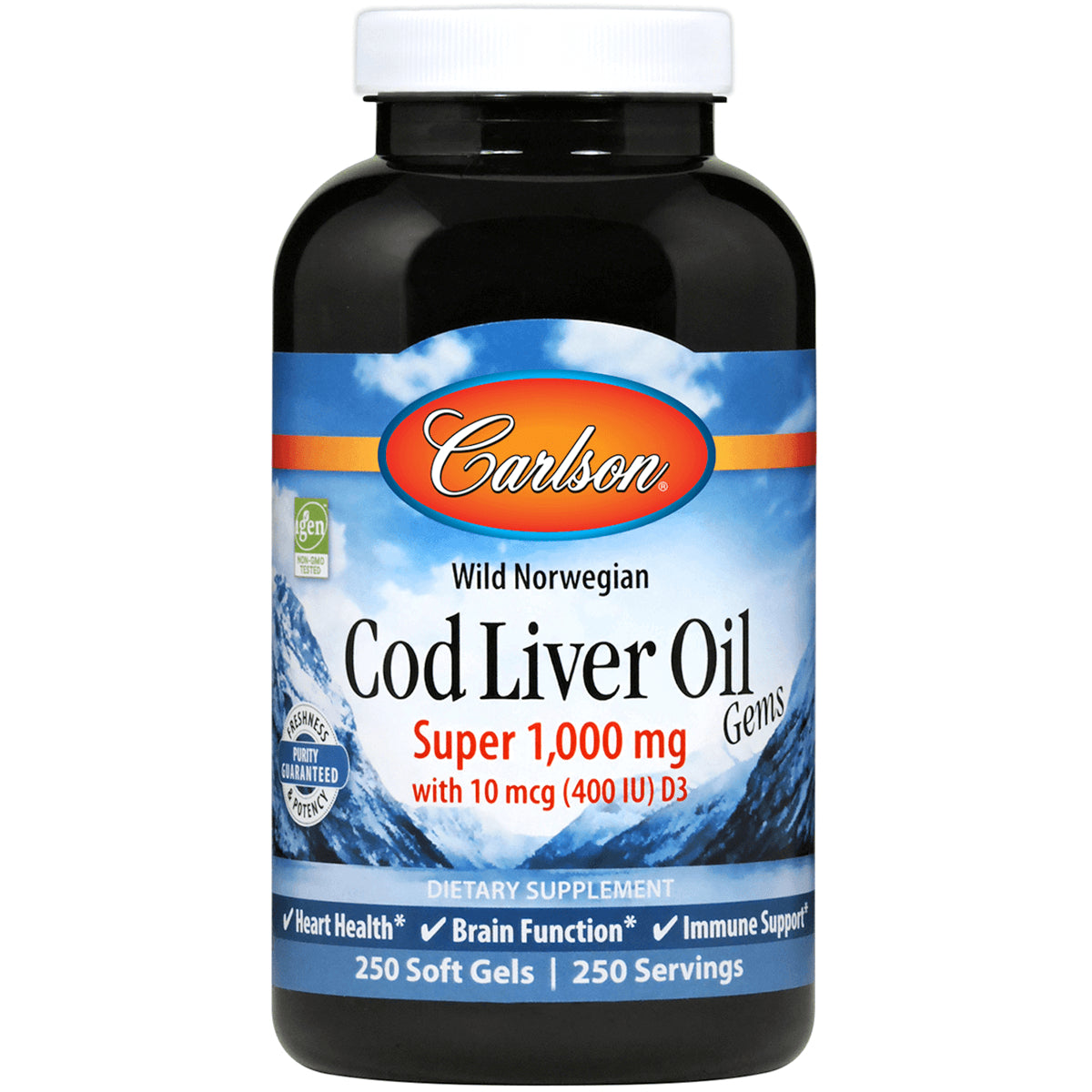 CSN020 | Carlson Wild Norwegian Cod Liver Oil bottle, Super 1,000 mg, 250 soft gels