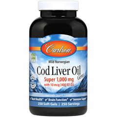 CSN020 | Carlson Wild Norwegian Cod Liver Oil bottle, Super 1,000 mg, 250 soft gels