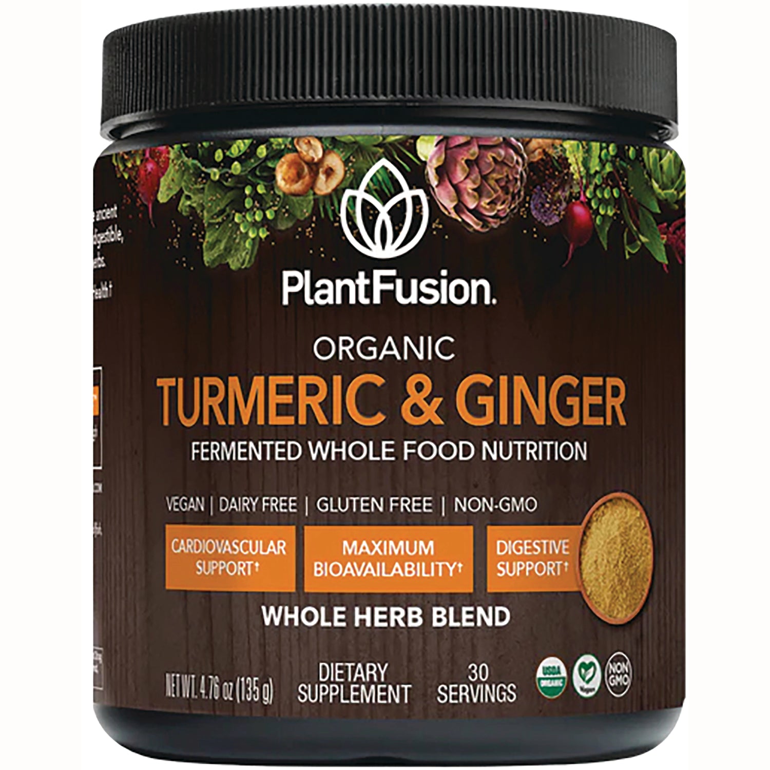 SRU004 | PlantFusion Organic Turmeric & Ginger fermented nutrition powder, whole herb blend, 30 servings