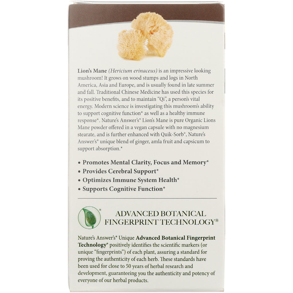 NAT408 | Back of Lion's Mane supplement box showing product description, benefit bullets, and Advanced Botanical Fingerprint Technology logo - Thumbnail