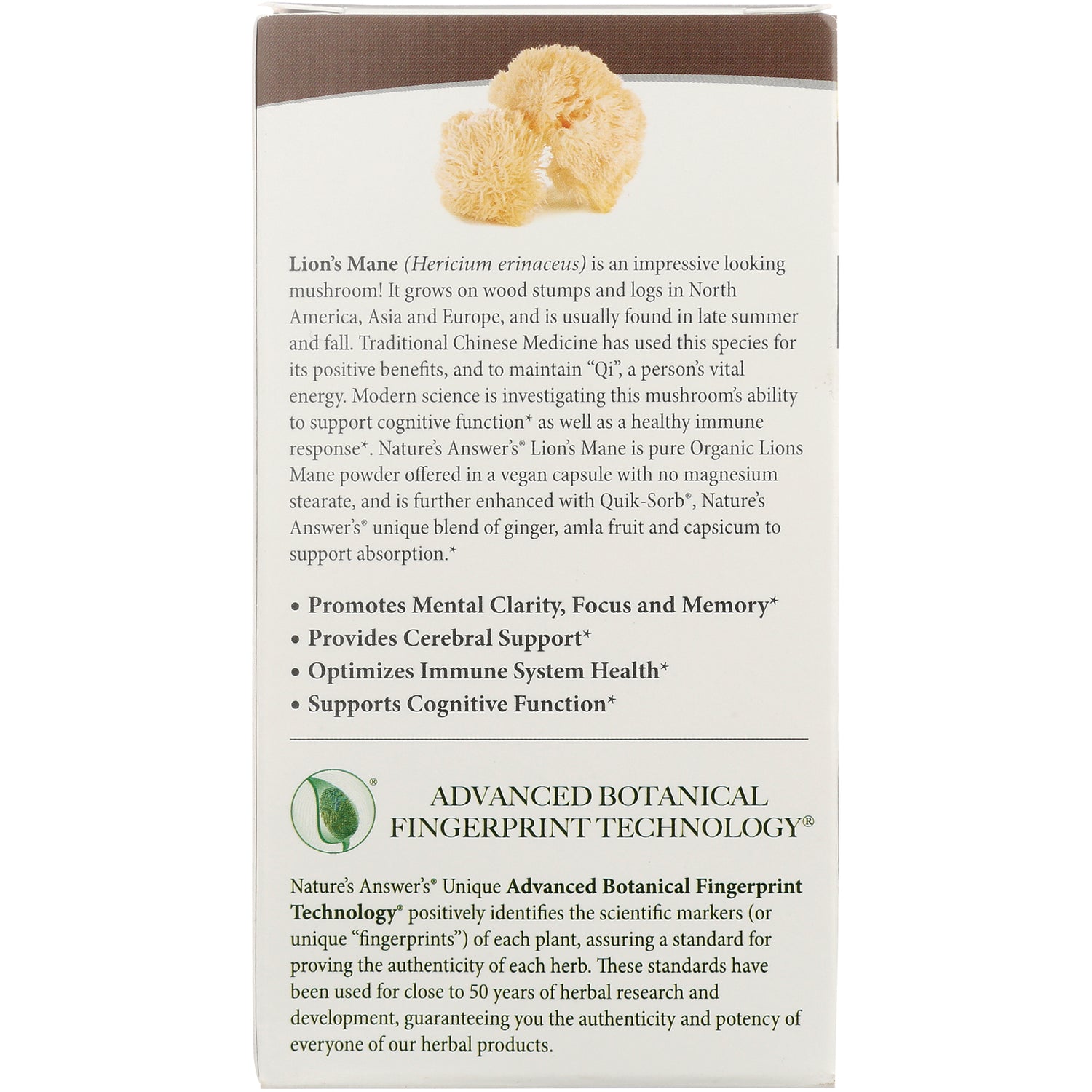 NAT408 | Back of Lion's Mane supplement box showing product description, benefit bullets, and Advanced Botanical Fingerprint Technology logo