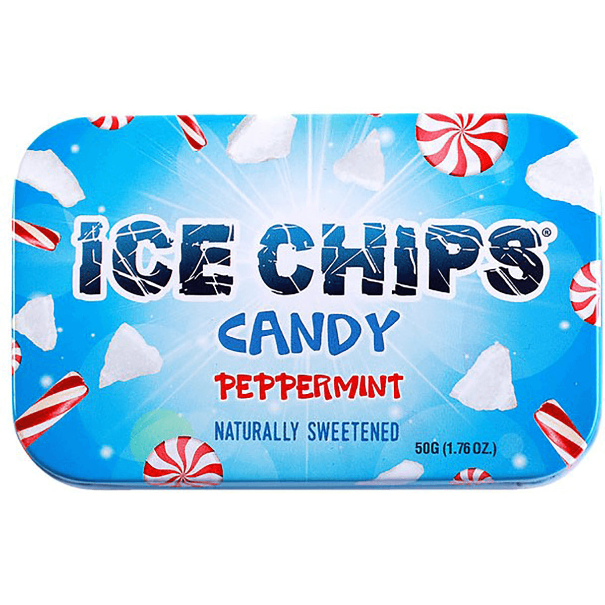IC008 | Ice Chips candy tin, peppermint flavor, blue packaging labeled naturally sweetened