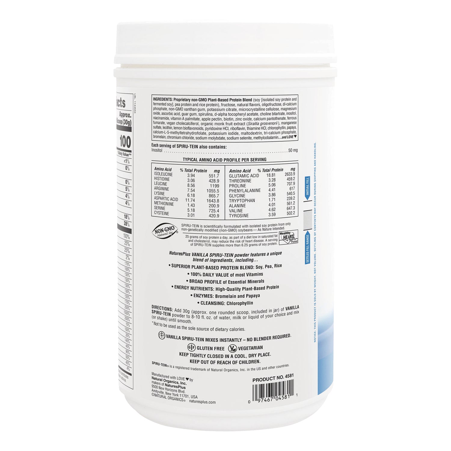 NTP090 | back label showing nutrition facts, ingredient list, amino acid profile and usage directions on white supplement tub