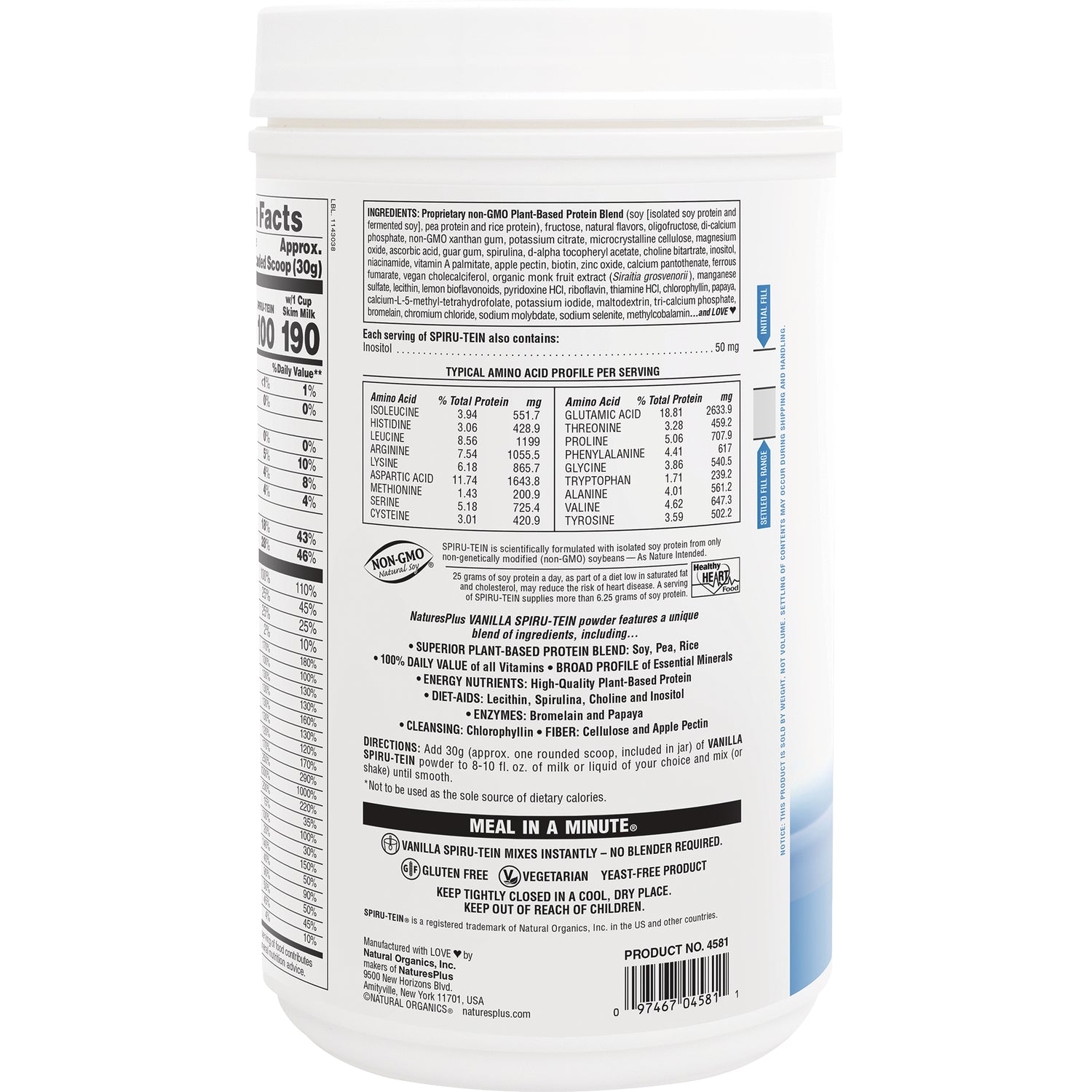 NTP090 | back label showing nutrition facts, ingredient list, amino acid profile and usage directions on white supplement tub