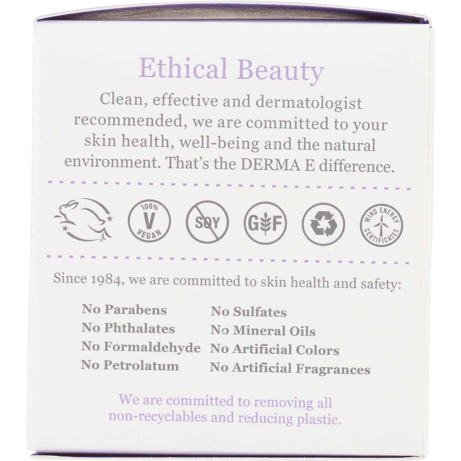 DE081 | back of white product box labeled Ethical Beauty with ingredient claims, no-parabens list and certification icons