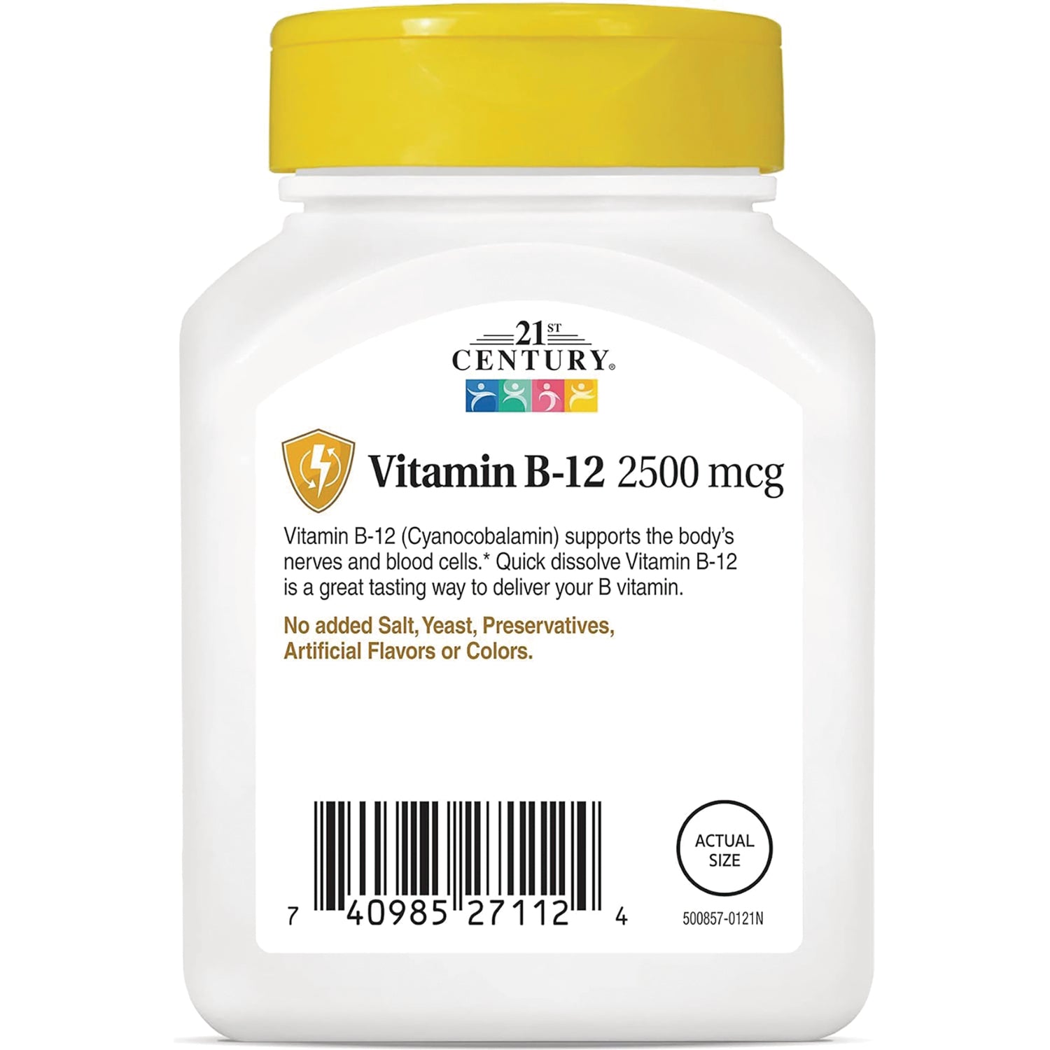 CNT165 | white bottle label for Vitamin B-12 2500 mcg showing product description, barcode, and actual size circle