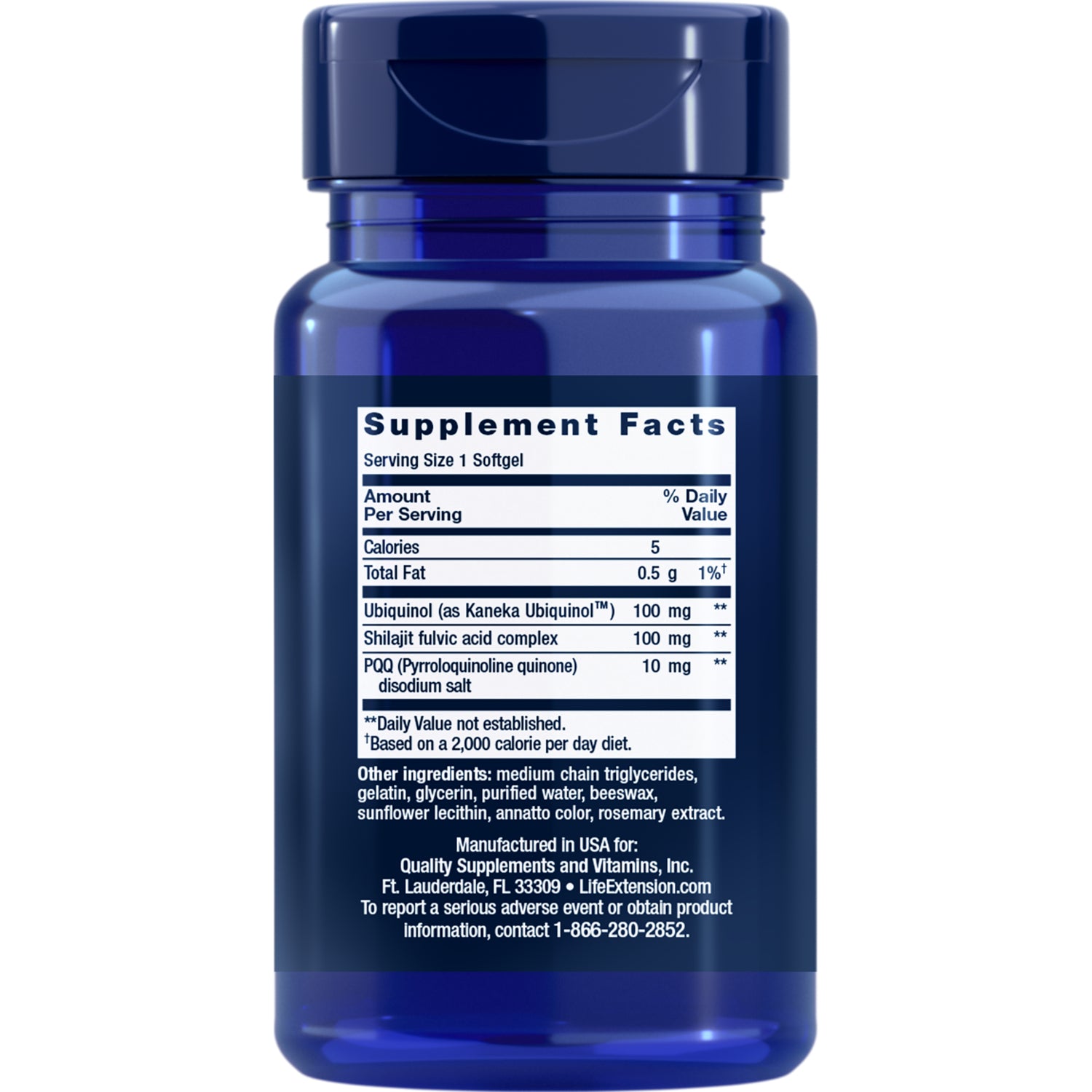 LE298 | blue supplement bottle back showing Supplement Facts panel and ingredient list