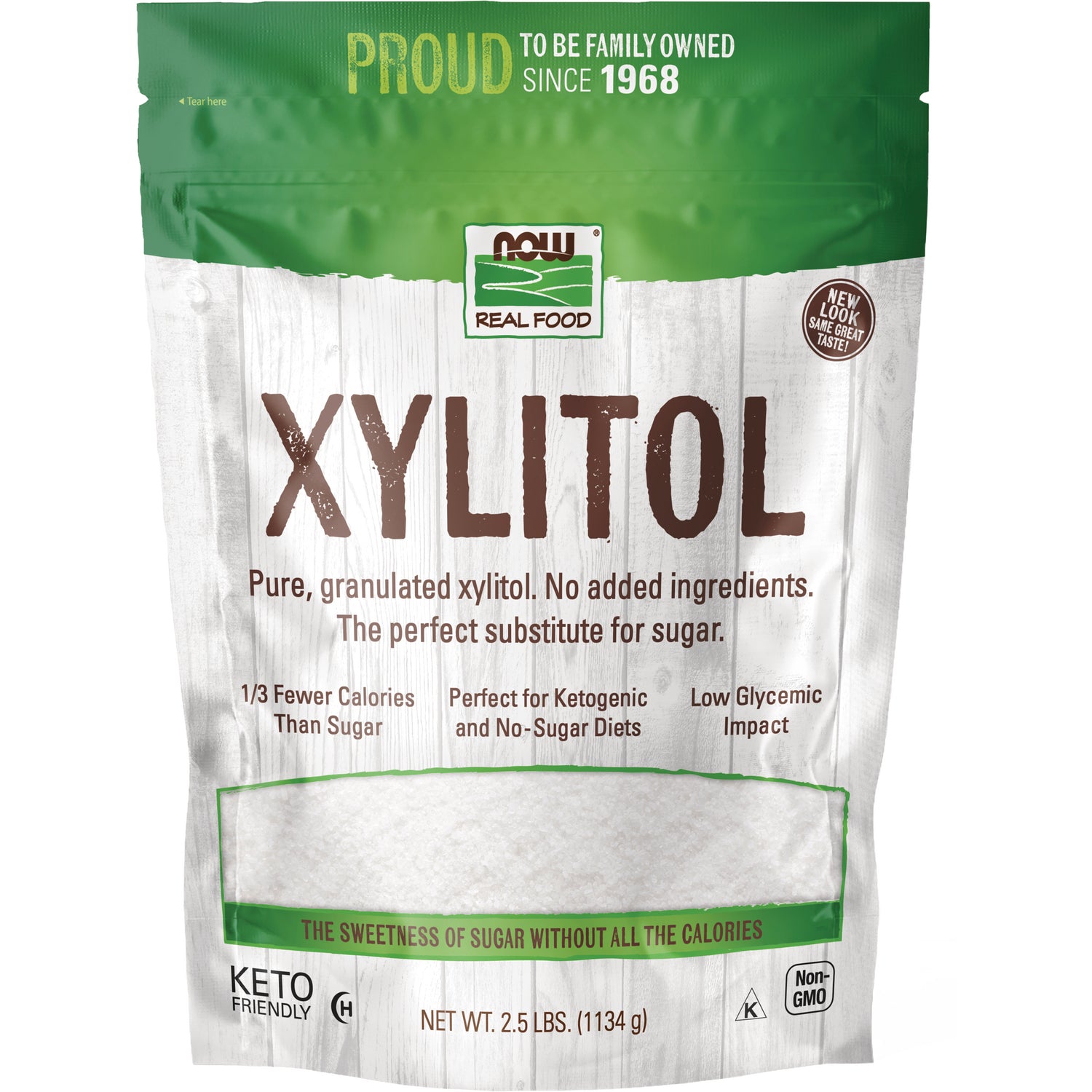 NWF112 | NOW Real Food Xylitol white granulated sugar substitute pouch 2.5 lbs front packaging