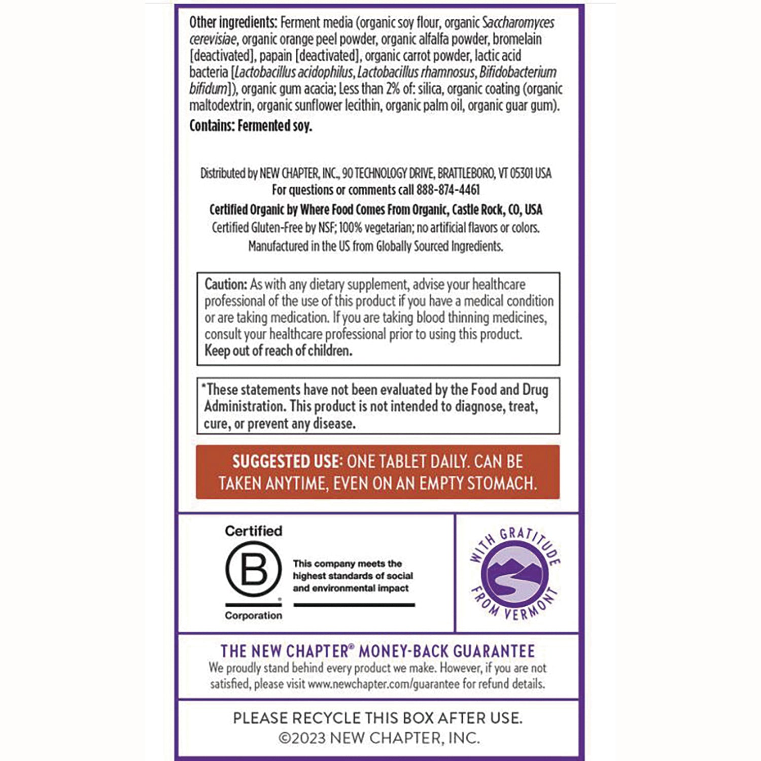 NWC138 | Back label showing ingredients, cautions, suggested use one tablet daily and certification logos