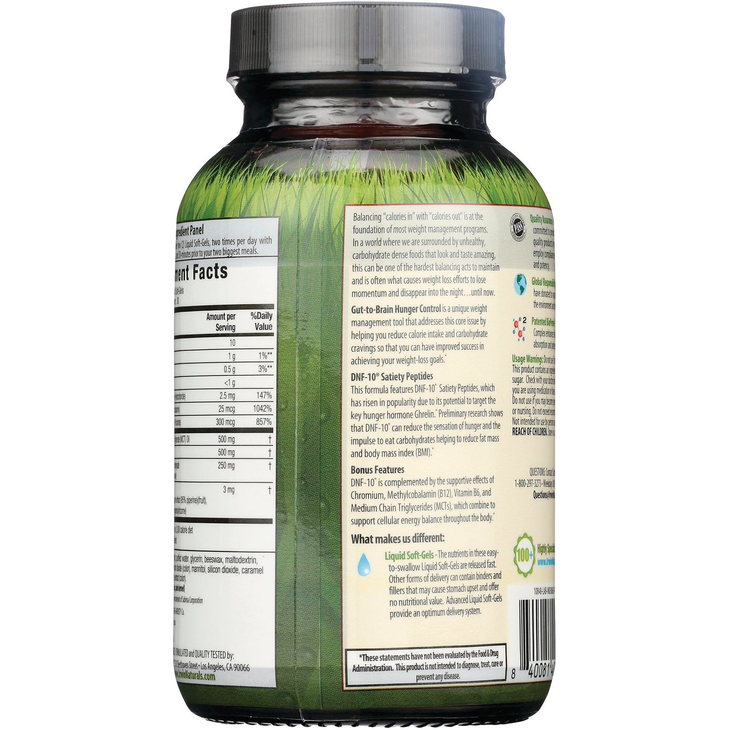 IR259 | Back label of green supplement bottle showing nutrition facts panel and product information